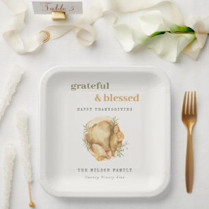 Pastel Waterverf Elegant Turkey Meal Thanksgiving Papieren Bordje