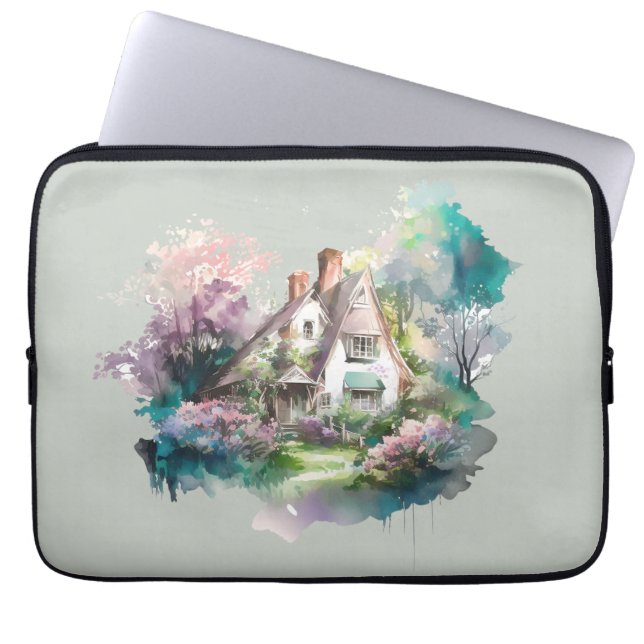 Pastel Waterverf Engels Cottage Laptop Sleeve (Voorkant)