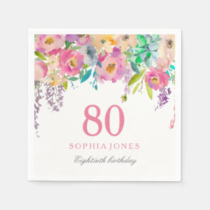 Pastel Waterverf Flowers 80th Birthday Party Servet