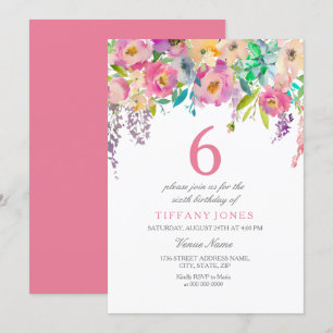 Pastel Waterverf Flowers Girls 6e verjaardag Kaart