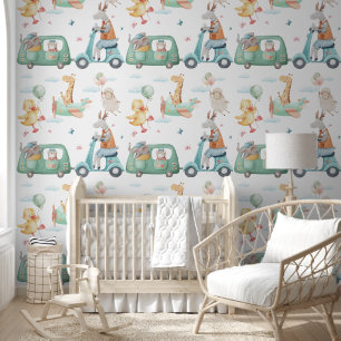 Pastel Waterverf Giraffe Vliegtuig Slaapkamer voor Behang