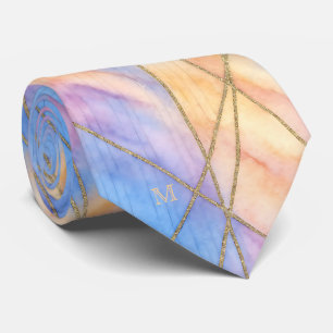 Pastel Waterverf Gold Accent Lines Silk Monogram Stropdas