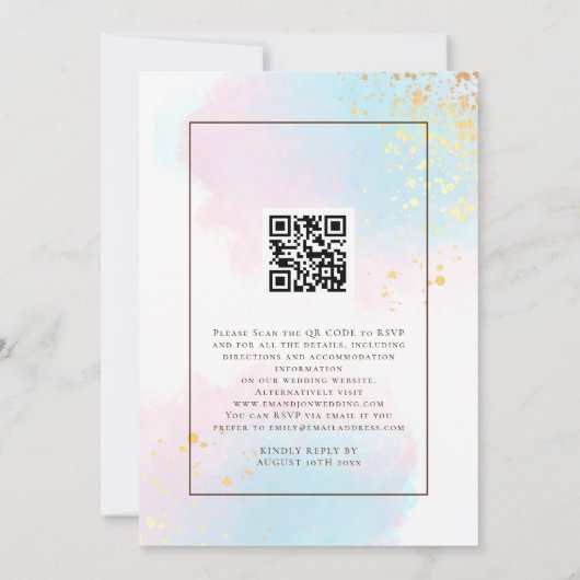 Pastel Waterverf Gold Splashes QR Code Weddenschap Kaart (Achterkant)