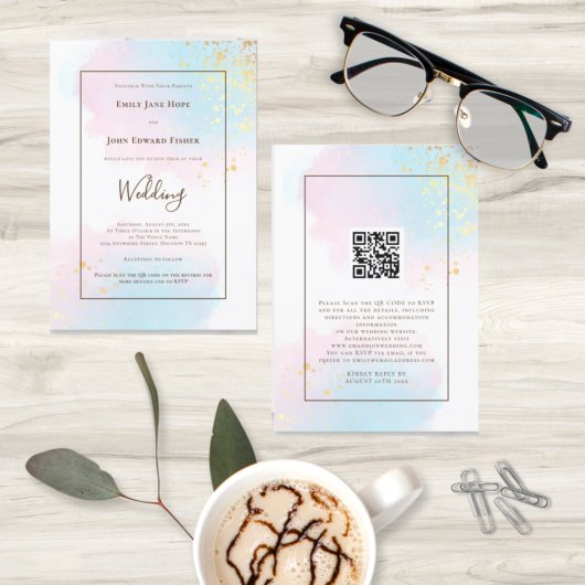 Pastel Waterverf Gold Splashes QR Code Weddenschap Kaart