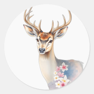 Pastel Waterverf Herten met Flora Ronde Sticker
