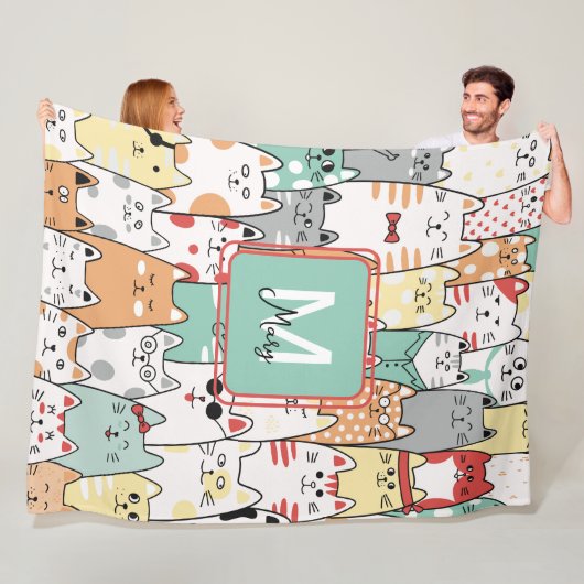 Pastel Waterverf Kat Katten Naam Monogram Kinder Fleece Deken (In situ)