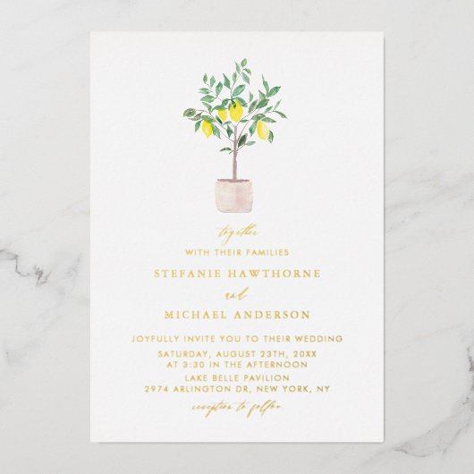 Pastel Waterverf Lemon Tree Summer Weddenschap Folie Uitnodiging (Voorkant)