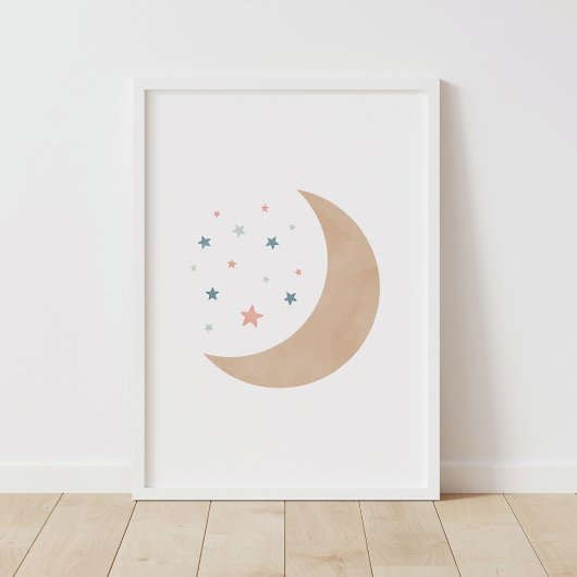 Pastel Waterverf Moon en Stars Nursery Poster