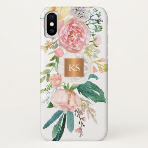 Pastel waterverf pioenen metallisch kopermonogram iPhone x hoesje