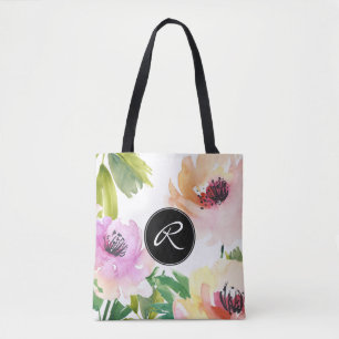 Pastel Waterverf Roos Bloemen met Monogram Draagtas