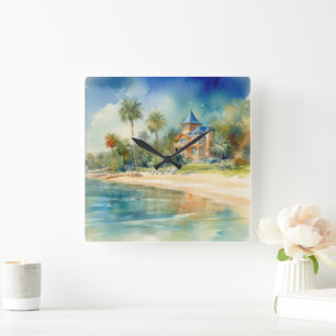 PASTEL WATERVERF SEASIDE HOUSE OP DE BEACH VIERKANTE KLOK