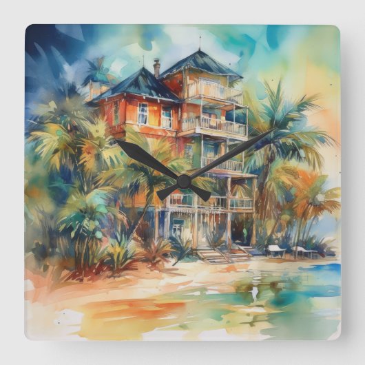 PASTEL WATERVERF SEASIDE HOUSE OP DE BEACH VIERKANTE KLOK (Voorkant)