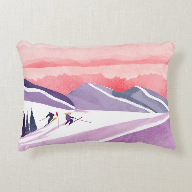 Pastel Waterverf Ski Mountain Sunset Accent Kussen (Voorkant)