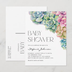 Pastel Waterverf Succulenten Zomer Baby shower Uitnodiging Briefkaart