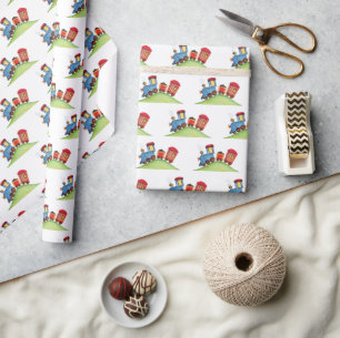 Pastel Waterverf Train Rood Blauw Verjaardagsfeest Cadeaupapier