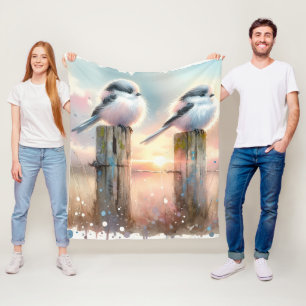 Pastel Waterverf Vogels Omheiningspost Zonsonderga Fleece Deken