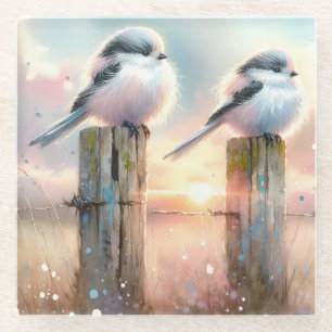 Pastel Waterverf Vogels Omheiningspost Zonsonderga Glazen Onderzetter