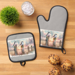Pastel Waterverf Vogels Omheiningspost Zonsonderga Ovenwant & Pannenlap Set