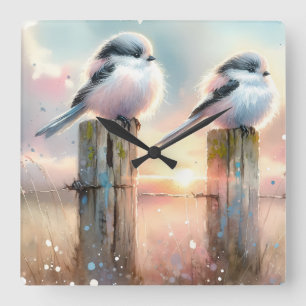 Pastel Waterverf Vogels Omheiningspost Zonsonderga Vierkante Klok