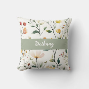 Pastel Waterverf Wilde Bloem Monogramnaam Kussen