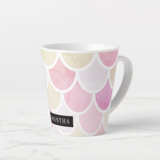 Pastel Waterverf Zeemeermin schaalpatroon met naam Latte Mok (Rechterhoek)