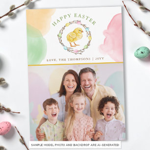 Pastel Waterverfkrans En Kuiken Paasfoto Kaart