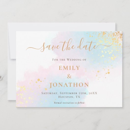 Pastel Waterverven Blauw Roze Goud bruiloft Save The Date (Voorkant)