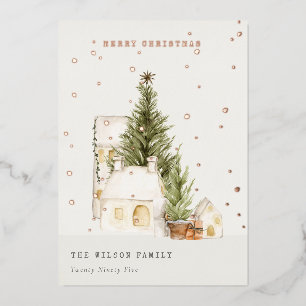Pastel White Snow Tree Houses Merry Kerstmis Folie Feestdagenkaart