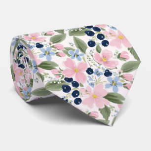 Pastel Wilde Bloem & Blauwe Bes Bloemmotief Stropdas