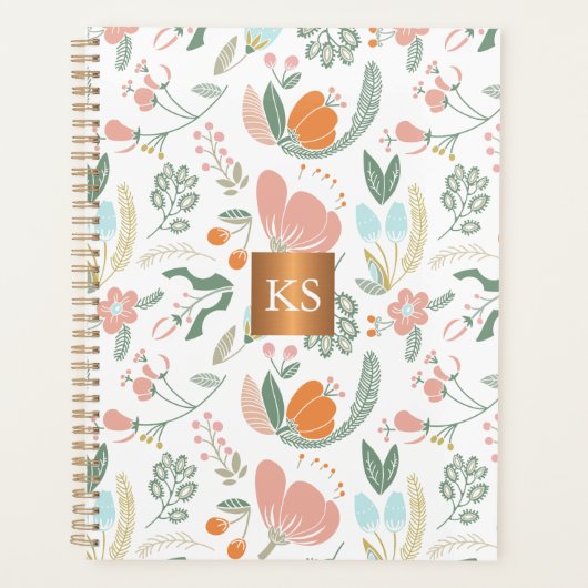 Pastel wilde bloemen met metallisch koper monogram planner (Voorkant)