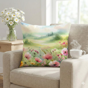 Pastel Wildebloemenweide Landschap Kussen