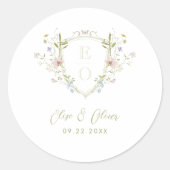 Pastel Wildflower Crest Bruiloft Envelope Seal Ronde Sticker (Voorkant)