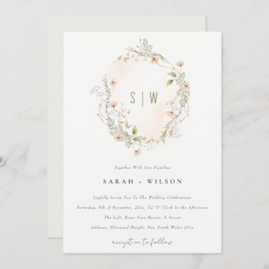 Pastel Wildflower Floral Wreath Wedding Invite Bedankkaart (Voorkant / Achterkant)