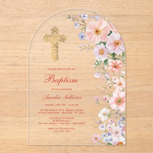 Pastel Wildflowers Boog Doop Acryl Uitnodigingen (Voorkant)