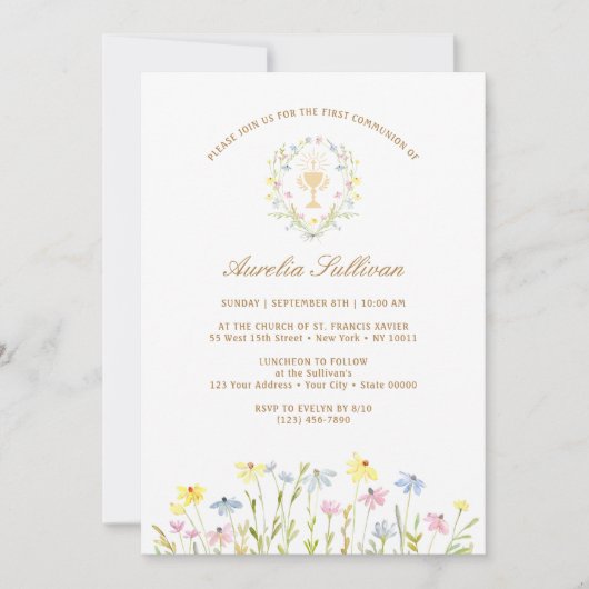 Pastel Wildflowers Krans Eerste Communie Kaart (Voorkant)