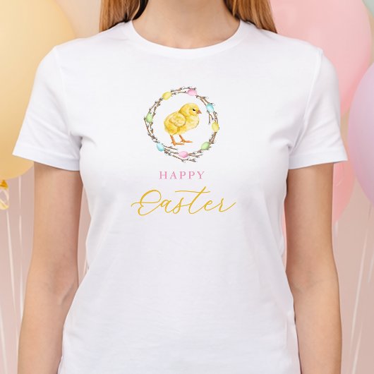 Pastel Willow Wreath And Yellow Chick Happy Easter T-shirt