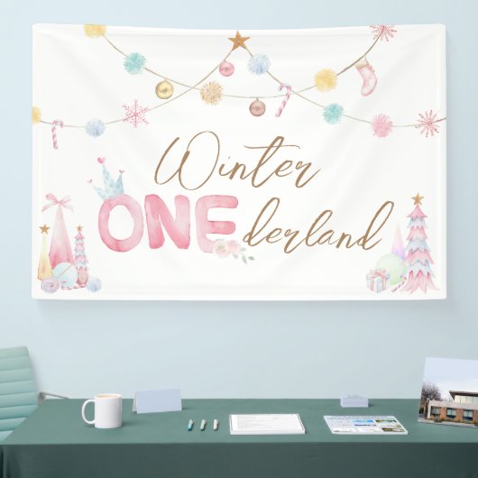 Pastel Winter Onederland Eerste Verjaardagsfeest Spandoek (Beurs)