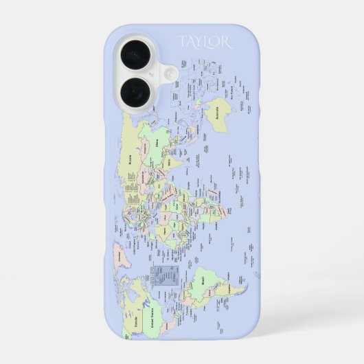 Pastel World Map – Personalized iPhone 16 Hoesje (Achterkant)