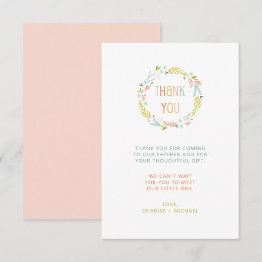 Pastel Wreath baby shower merci note (Devant / Derrière)