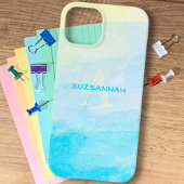 Pastel Yellow Blue Waterverf Monogram Naam Aangepa Case-Mate iPhone Case