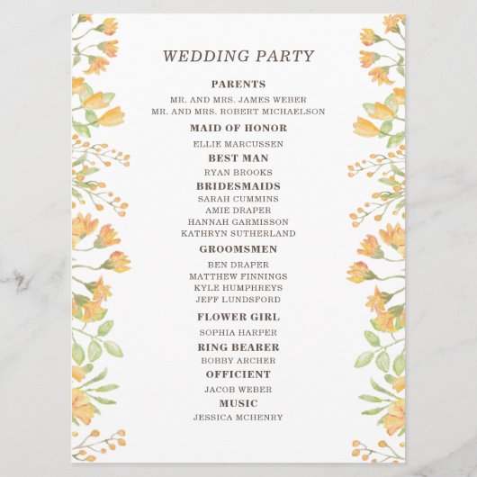 Pastel Yellow Floral 2-zijdig weddenschapsprogramm Programma (Achterkant)