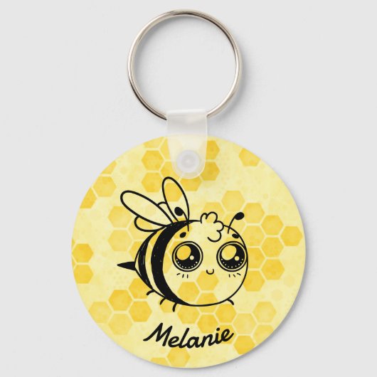 Pastel Yellow Honeycomb and Cute Bee Personalised Sleutelhanger (Voorkant)