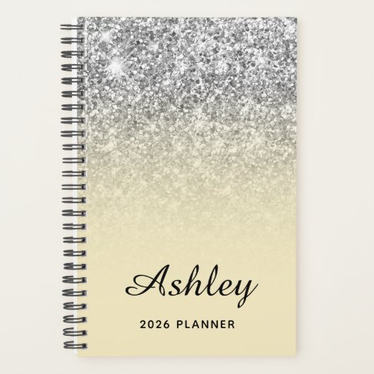 Pastel Yellow Silver Glitter Ombre, gepersonalisee Planner (Voorkant)
