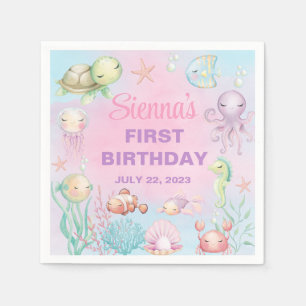 Pastel zee leven meisje verjaardag papieren servet