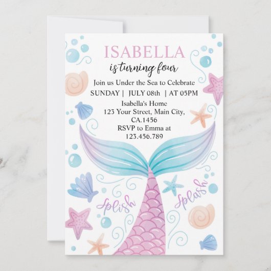 Pastel Zeemeermin Verjaardagsuitnodiging Kaart (Voorkant)