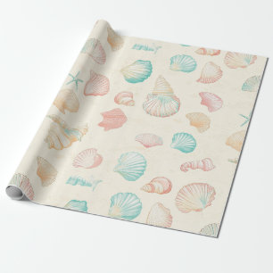 Pastel Zeeschelp Zeester Blauwe Perzik Kust Cadeaupapier