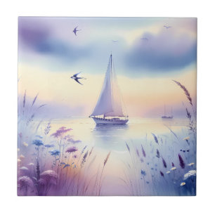 Pastel Zeilboot Kust Droomlandschap Tegeltje