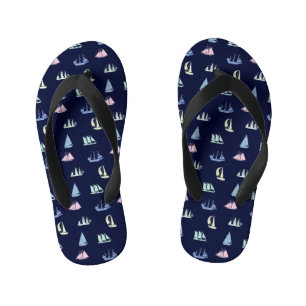 Pastel Zeilboot Patroon op Middernachtblauw Kinder Teenslippers