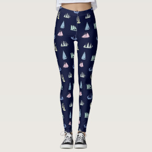Pastel Zeilboot Patroon op Midnight Blue Leggings