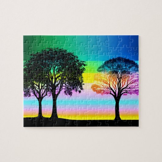 Pastel zonsondergang achter zwarte silhouet bomen legpuzzel (Horizontaal)